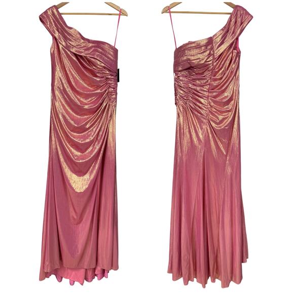 Mac Duggal NWT Off The Shoulder Ruched Waist Slit Metallic Gown Pink Size 16 - Picture 3 of 9